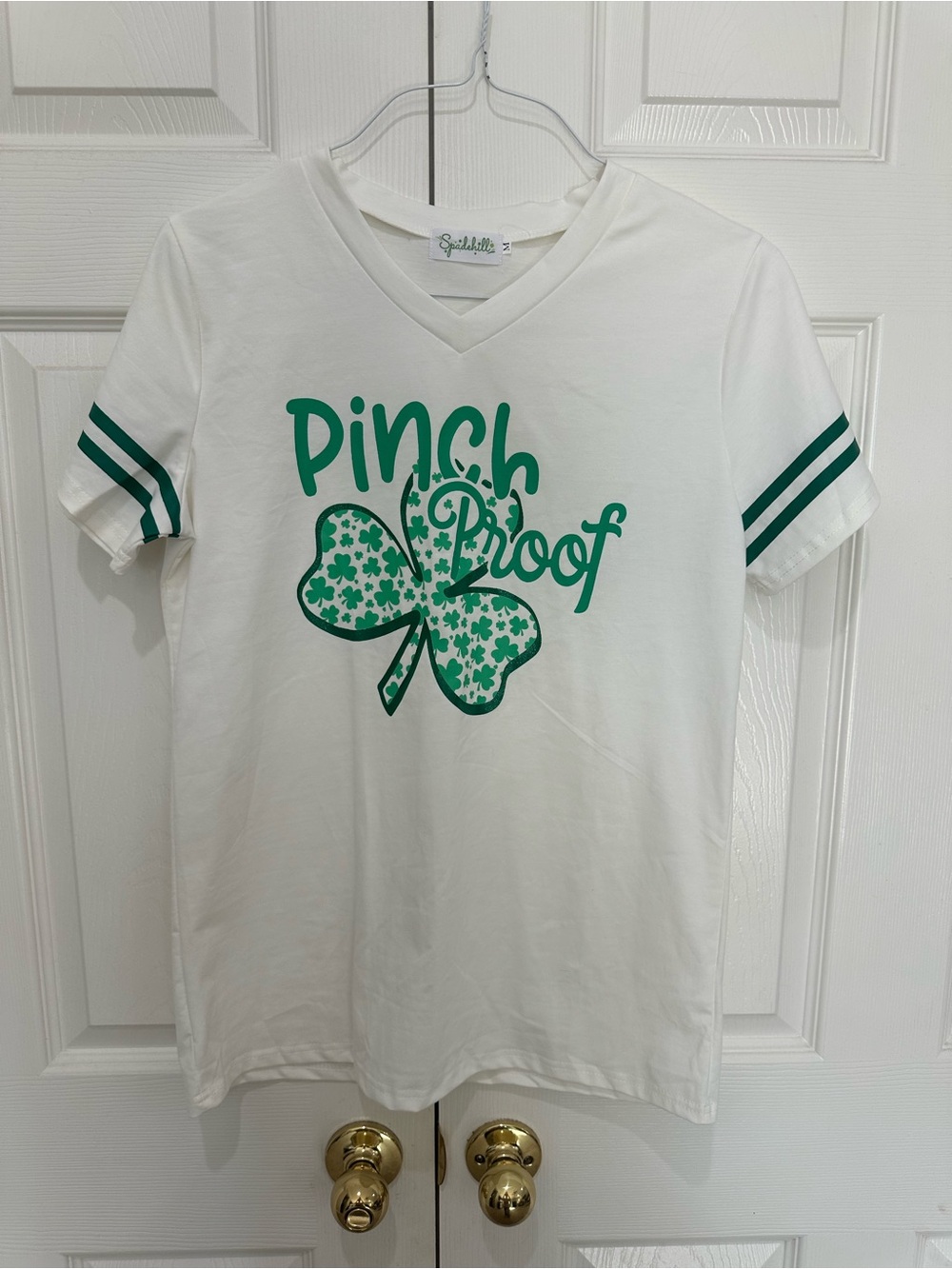 Splendid White V-Neck Tee with Green Shamrock Graphic